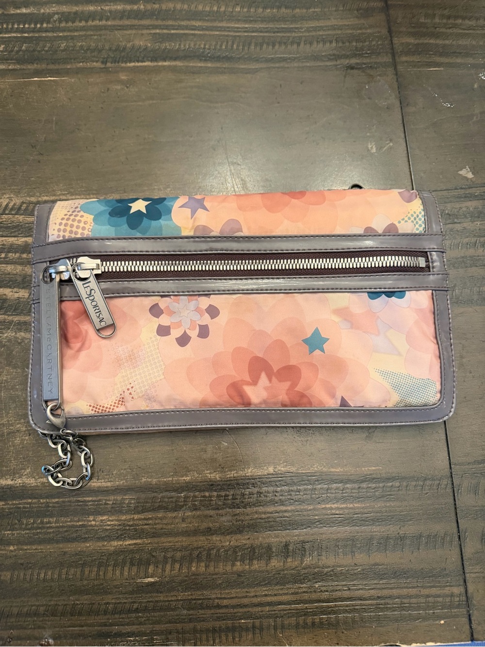 Lesportsac Pink Floral Wristlet Clutch with Purple Trim